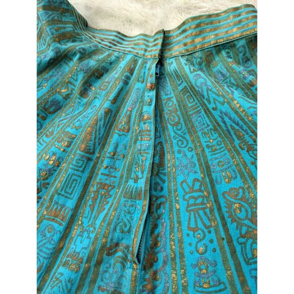 1950s MAYA de MEXICO Mayan Hieroglyph Hand Painted Aqua/Gold Circle Skirt sz. XS - Picture 11 of 14